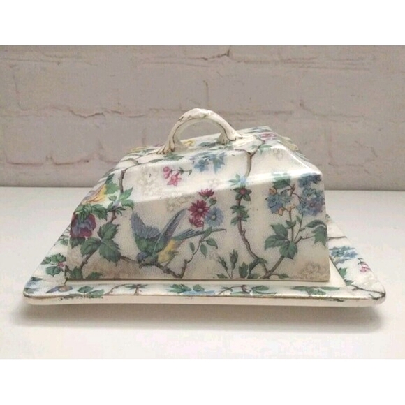 Royal Tudor Ware Barker Bros England Covered Butter Dish Bluebirds & Flowers - Picture 1 of 12
